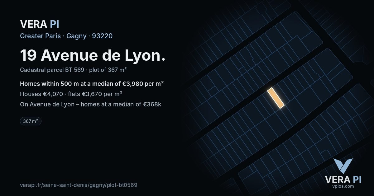 19 Avenue de Lyon, Gagny at night – the plot lit, the parcels around coloured by the prices near them