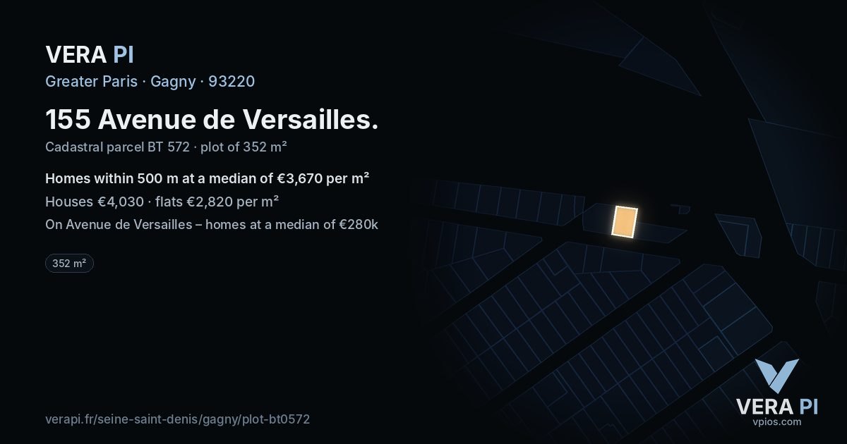 155 Avenue de Versailles, Gagny at night – the plot lit, the parcels around coloured by the prices near them