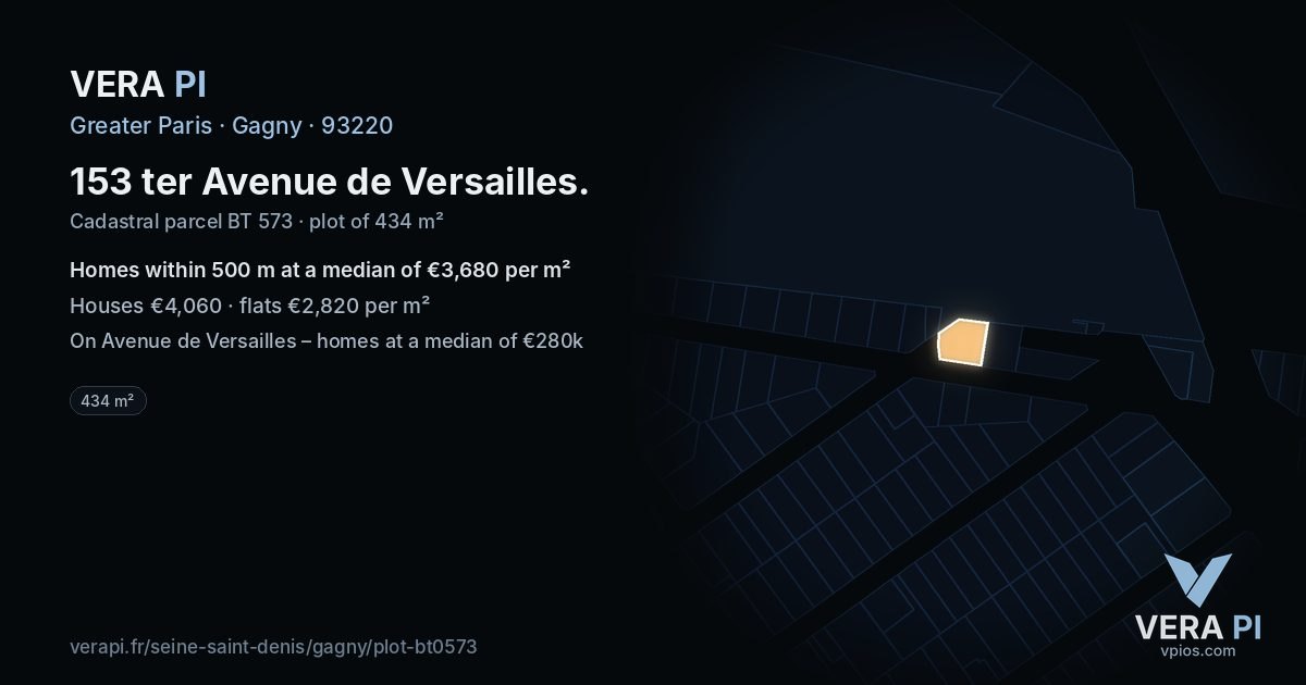 153 ter Avenue de Versailles, Gagny at night – the plot lit, the parcels around coloured by the prices near them