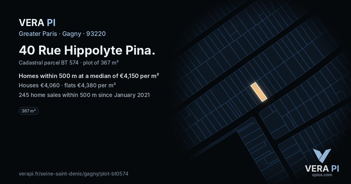 40 Rue Hippolyte Pina, Gagny at night – the plot lit, the parcels around coloured by the prices near them