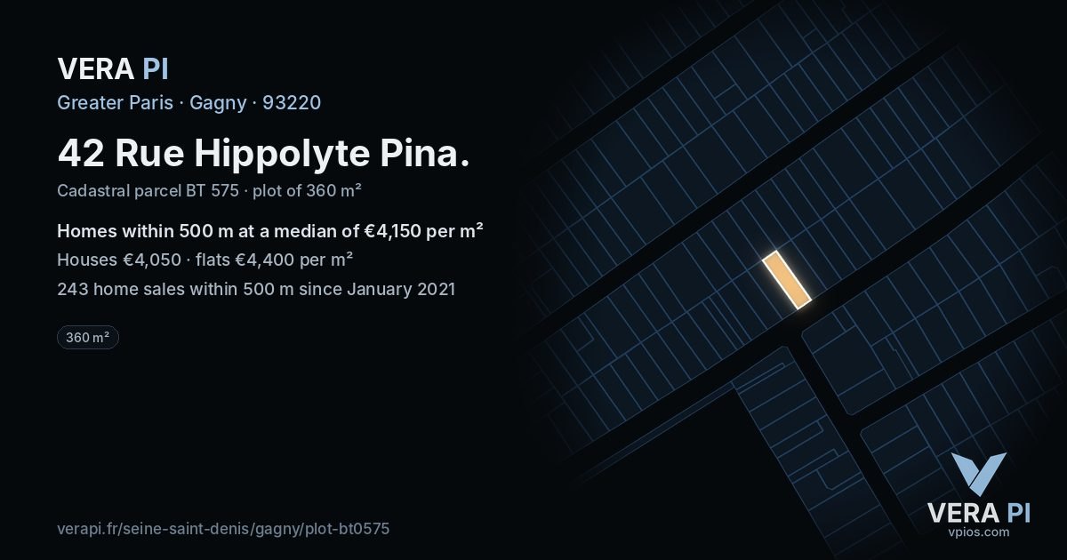 42 Rue Hippolyte Pina, Gagny at night – the plot lit, the parcels around coloured by the prices near them