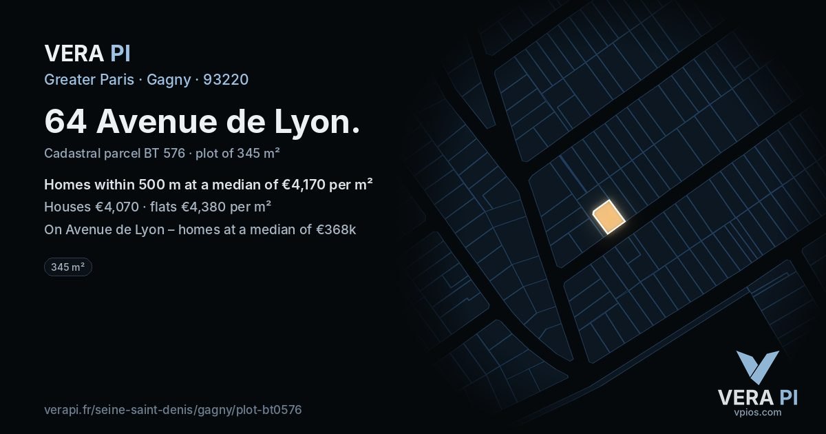 64 Avenue de Lyon, Gagny at night – the plot lit, the parcels around coloured by the prices near them
