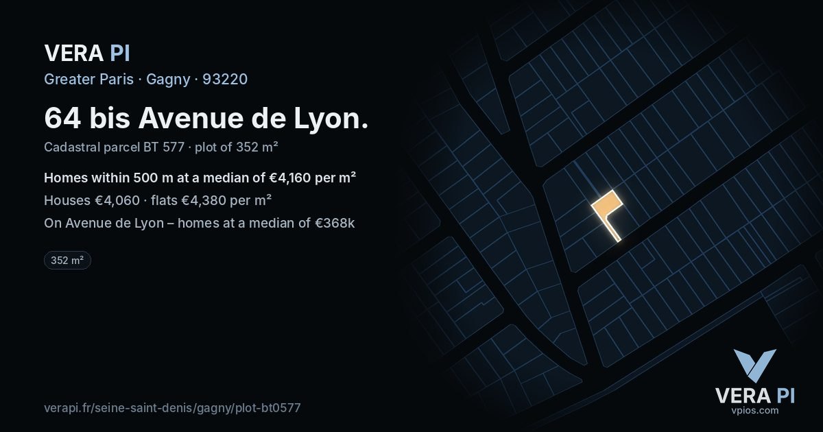 64 bis Avenue de Lyon, Gagny at night – the plot lit, the parcels around coloured by the prices near them