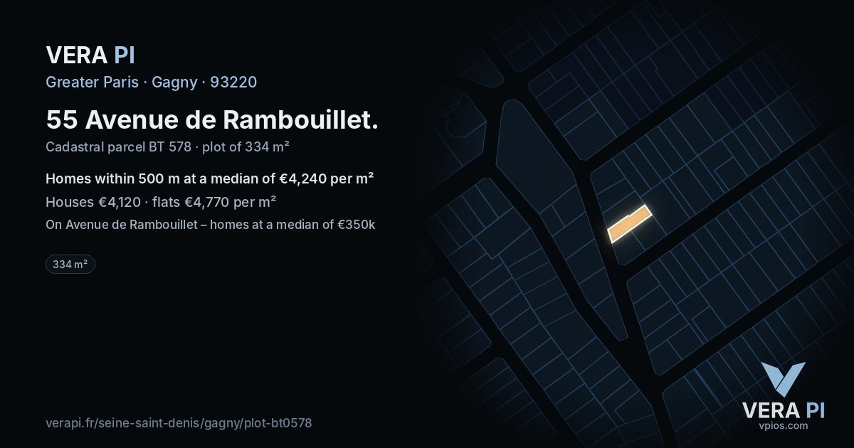 55 Avenue de Rambouillet, Gagny at night – the plot lit, the parcels around coloured by the prices near them