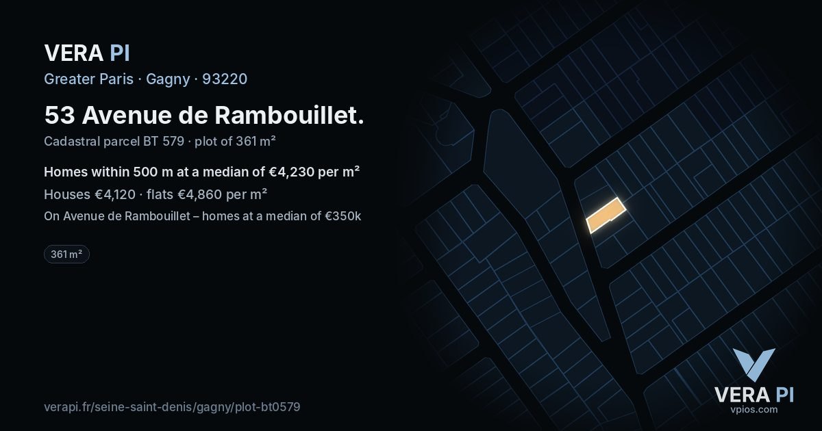 53 Avenue de Rambouillet, Gagny at night – the plot lit, the parcels around coloured by the prices near them
