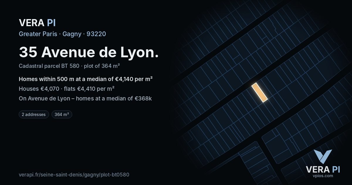 35 Avenue de Lyon, Gagny at night – the plot lit, the parcels around coloured by the prices near them