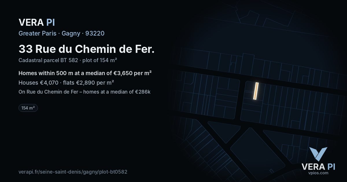 33 Rue du Chemin de Fer, Gagny at night – the plot lit, the parcels around coloured by the prices near them