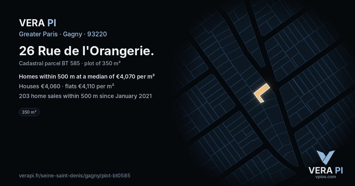26 Rue de l'Orangerie, Gagny at night – the plot lit, the parcels around coloured by the prices near them