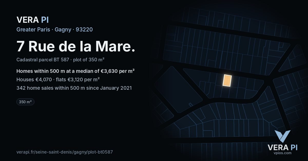 7 Rue de la Mare, Gagny at night – the plot lit, the parcels around coloured by the prices near them