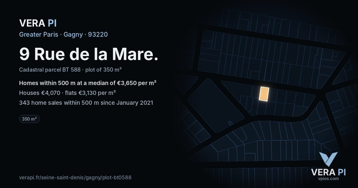 9 Rue de la Mare, Gagny at night – the plot lit, the parcels around coloured by the prices near them
