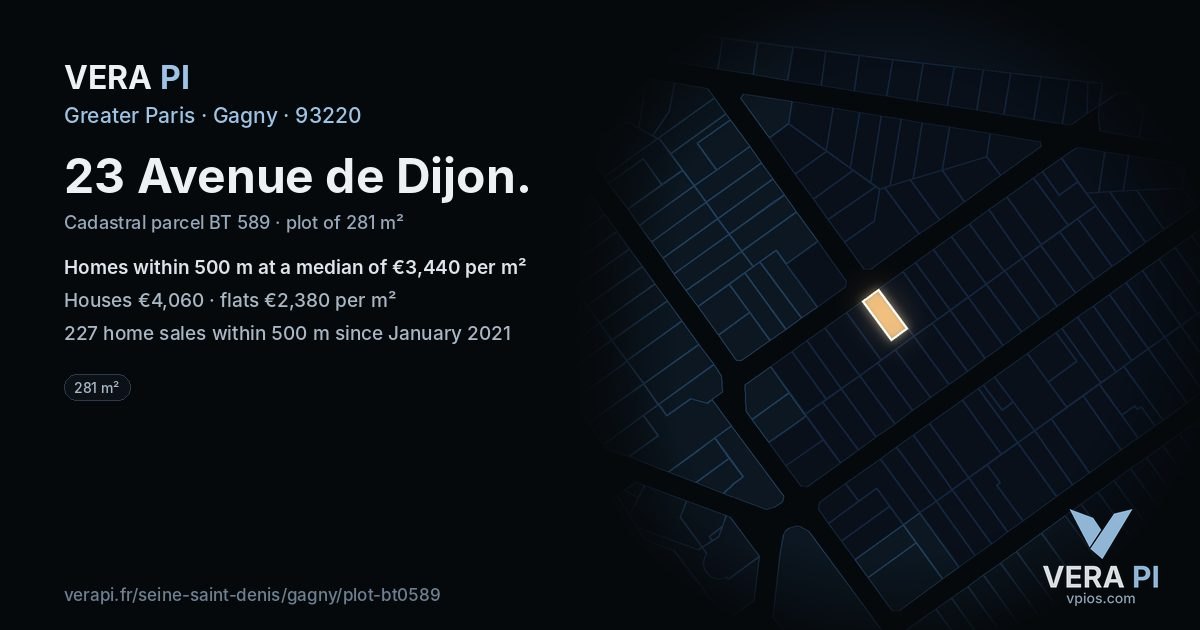 23 Avenue de Dijon, Gagny at night – the plot lit, the parcels around coloured by the prices near them
