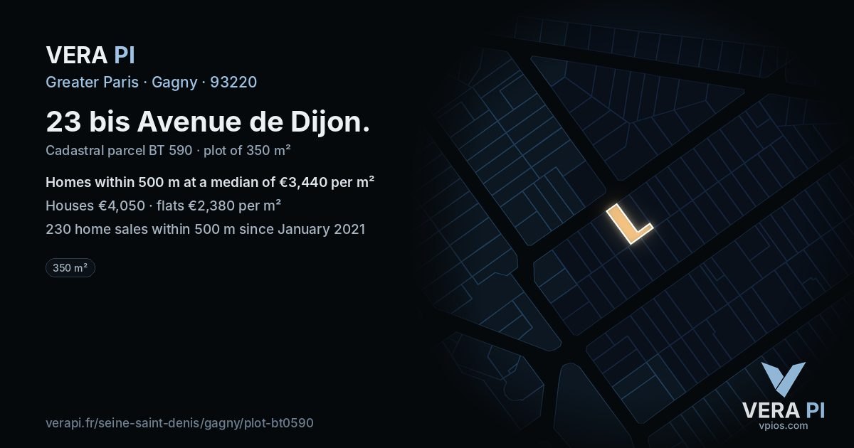 23 bis Avenue de Dijon, Gagny at night – the plot lit, the parcels around coloured by the prices near them