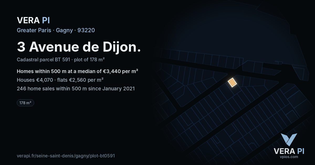 3 Avenue de Dijon, Gagny at night – the plot lit, the parcels around coloured by the prices near them