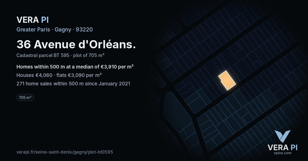 36 Avenue d'Orléans, Gagny at night – the plot lit, the parcels around coloured by the prices near them