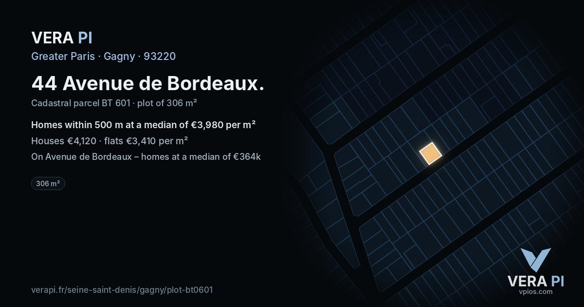 44 Avenue de Bordeaux, Gagny at night – the plot lit, the parcels around coloured by the prices near them