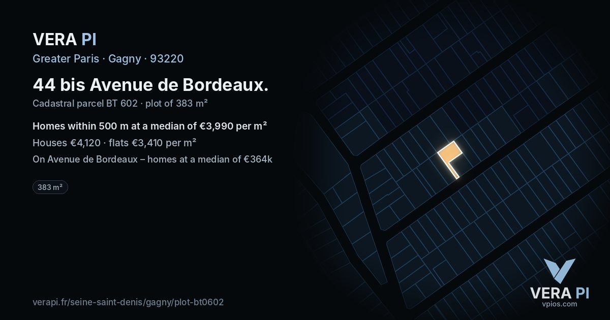 44 bis Avenue de Bordeaux, Gagny at night – the plot lit, the parcels around coloured by the prices near them