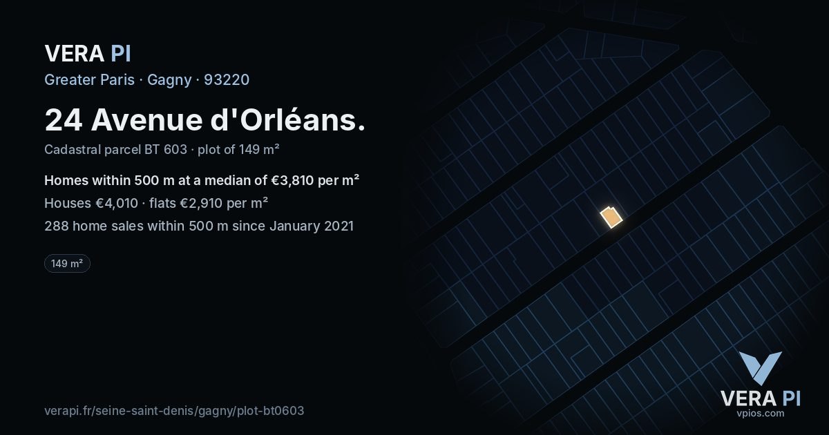 24 Avenue d'Orléans, Gagny at night – the plot lit, the parcels around coloured by the prices near them