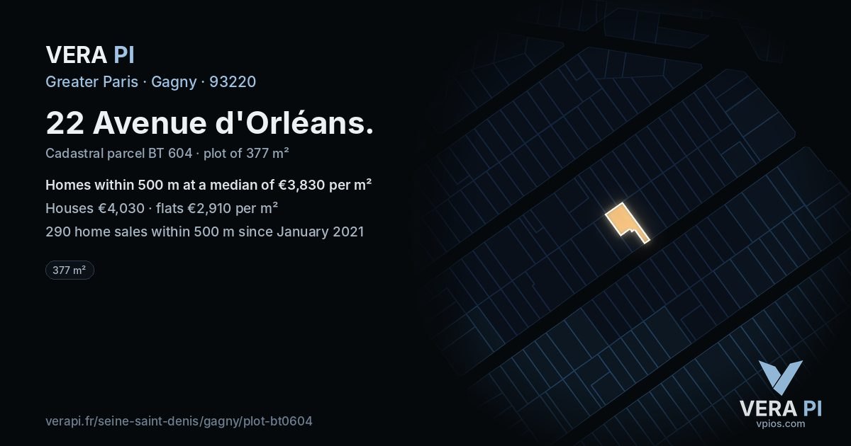 22 Avenue d'Orléans, Gagny at night – the plot lit, the parcels around coloured by the prices near them
