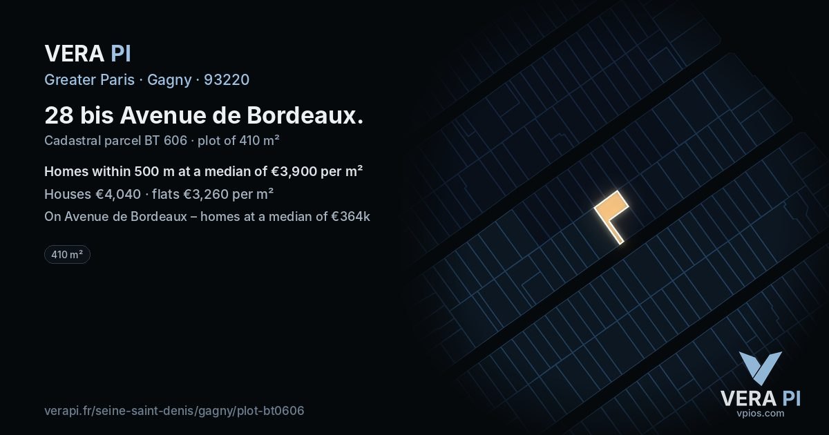 28 bis Avenue de Bordeaux, Gagny at night – the plot lit, the parcels around coloured by the prices near them