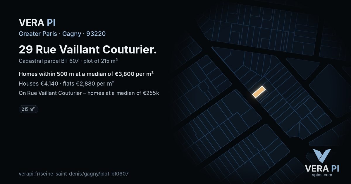 29 Rue Vaillant Couturier, Gagny at night – the plot lit, the parcels around coloured by the prices near them
