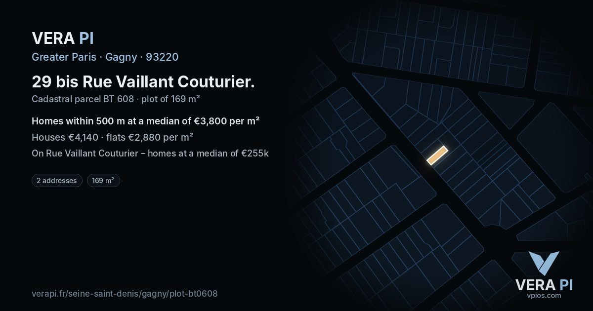 29 bis Rue Vaillant Couturier, Gagny at night – the plot lit, the parcels around coloured by the prices near them