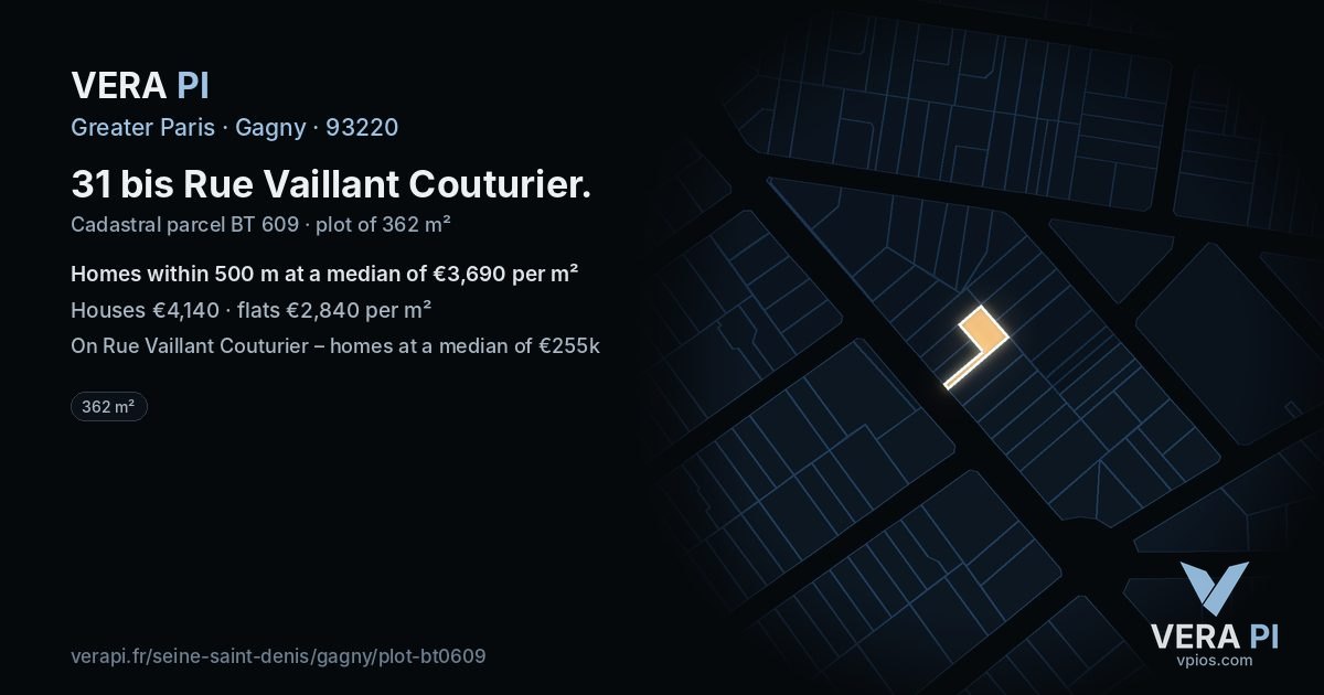 31 bis Rue Vaillant Couturier, Gagny at night – the plot lit, the parcels around coloured by the prices near them