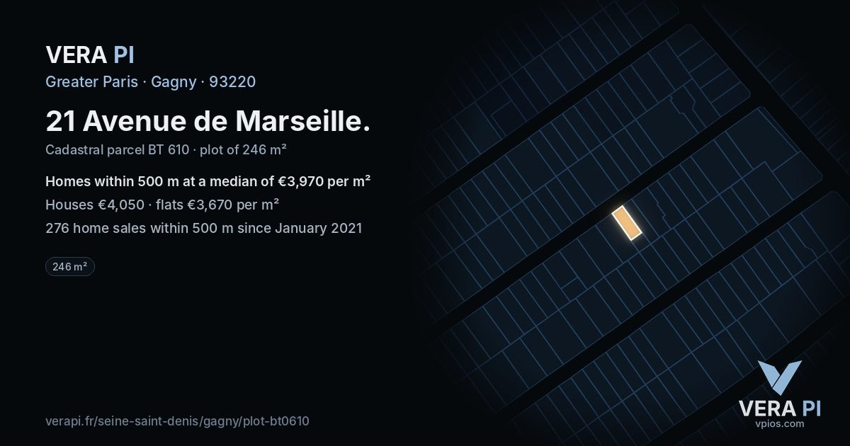 21 Avenue de Marseille, Gagny at night – the plot lit, the parcels around coloured by the prices near them
