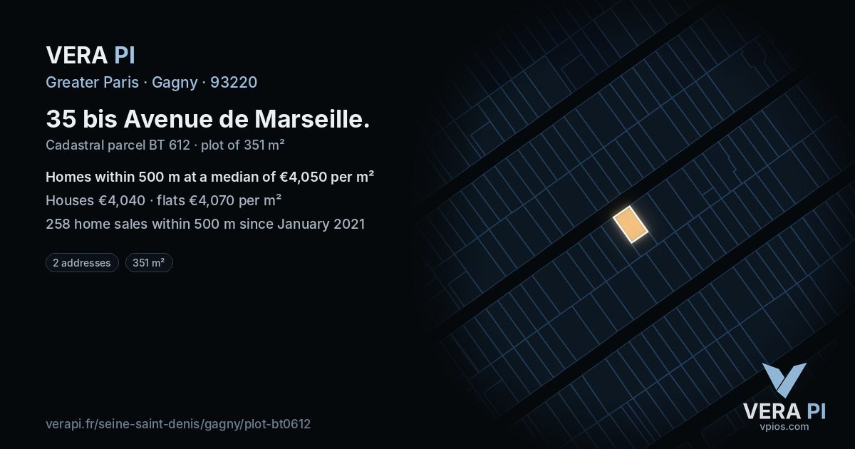 35 bis Avenue de Marseille, Gagny at night – the plot lit, the parcels around coloured by the prices near them