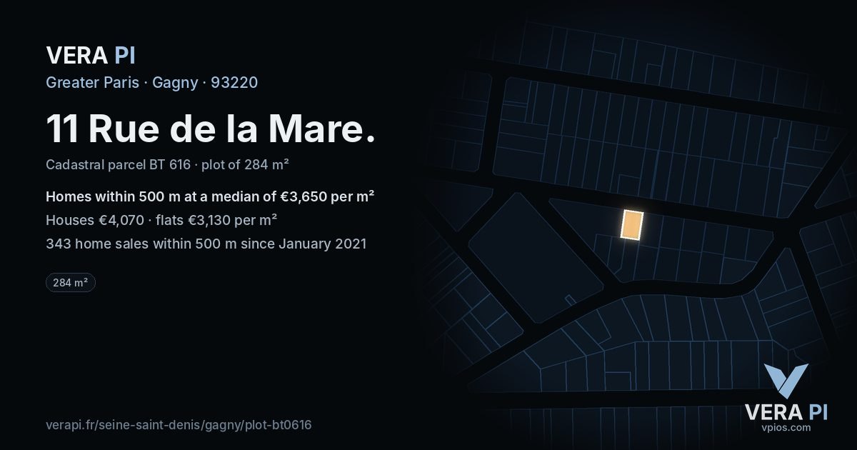 11 Rue de la Mare, Gagny at night – the plot lit, the parcels around coloured by the prices near them