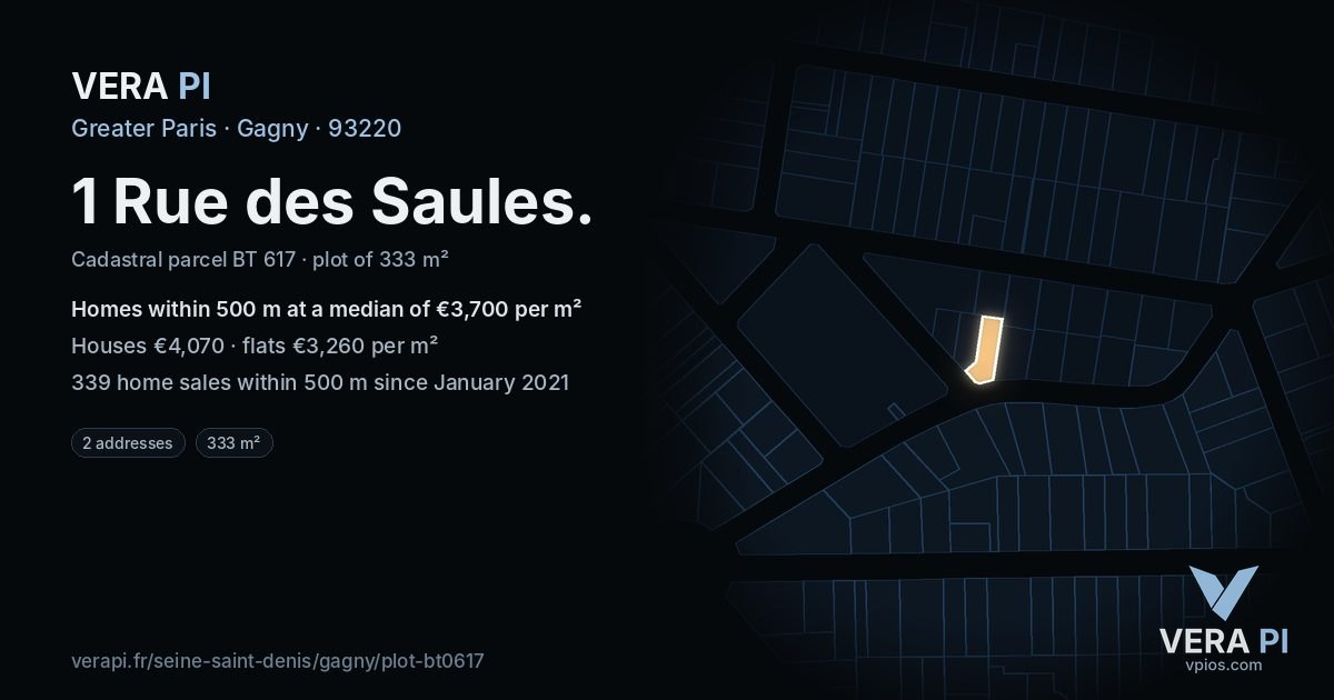 1 Rue des Saules, Gagny at night – the plot lit, the parcels around coloured by the prices near them
