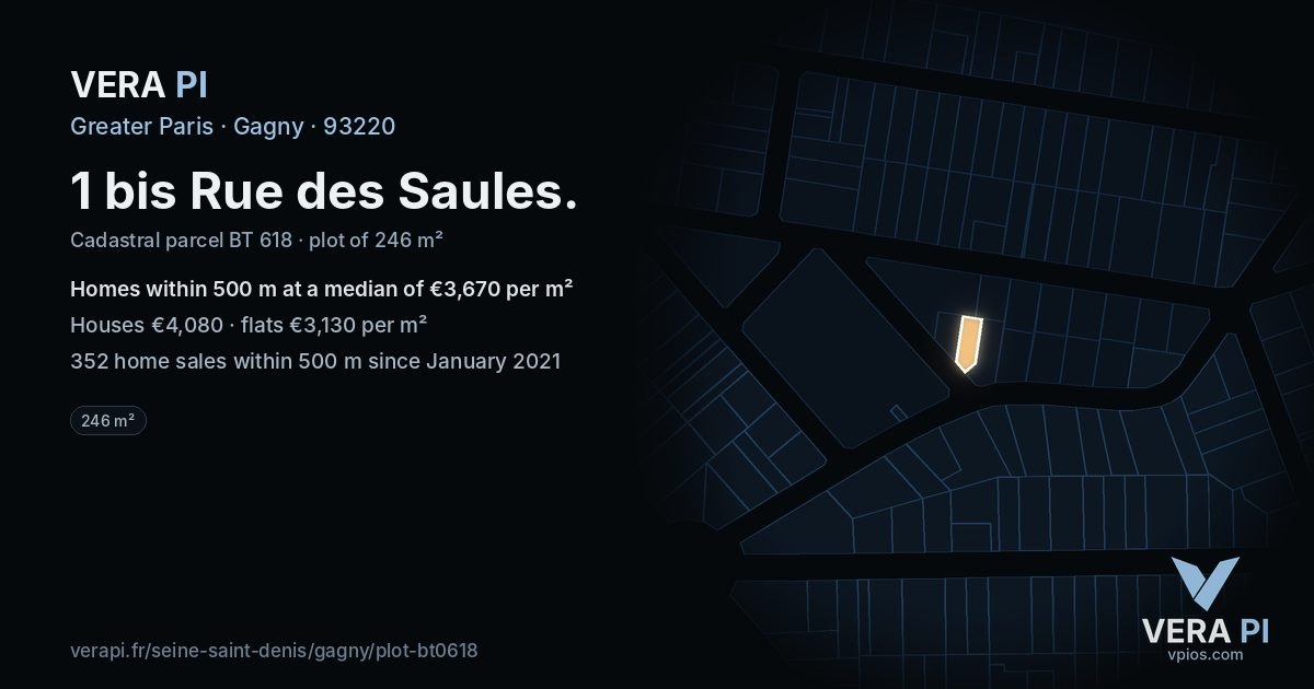 1 bis Rue des Saules, Gagny at night – the plot lit, the parcels around coloured by the prices near them