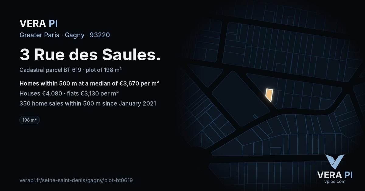 3 Rue des Saules, Gagny at night – the plot lit, the parcels around coloured by the prices near them
