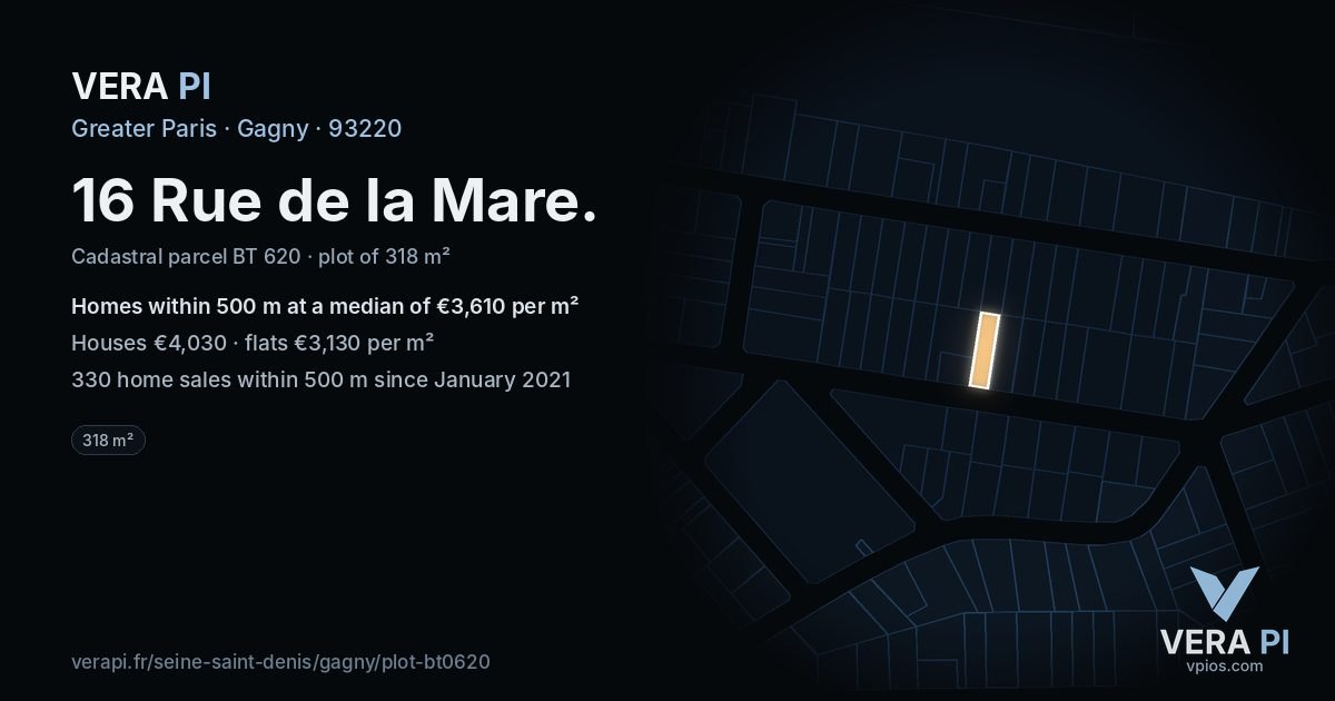 16 Rue de la Mare, Gagny at night – the plot lit, the parcels around coloured by the prices near them