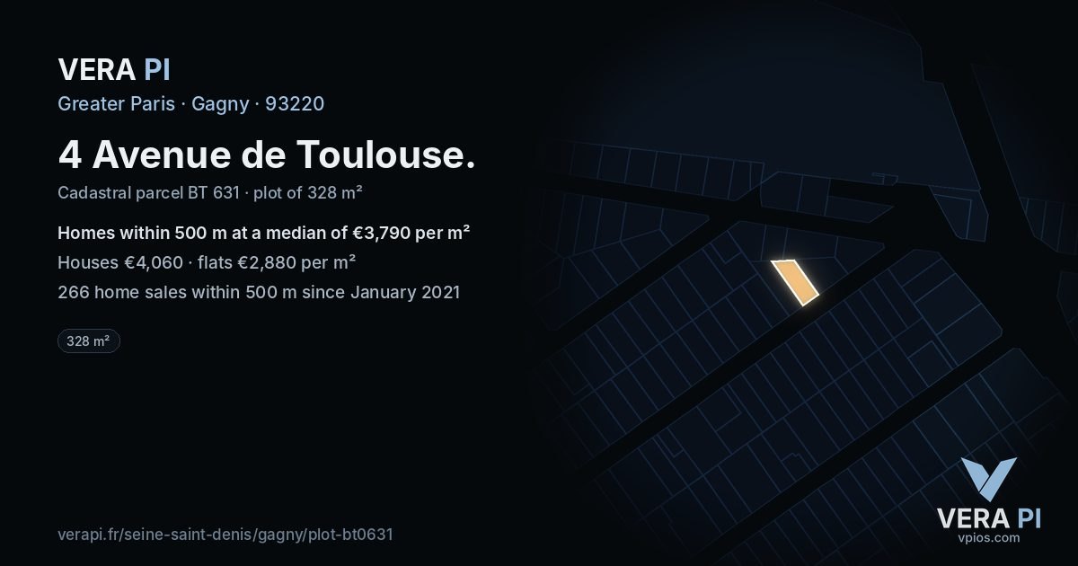 4 Avenue de Toulouse, Gagny at night – the plot lit, the parcels around coloured by the prices near them