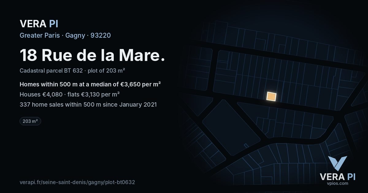 18 Rue de la Mare, Gagny at night – the plot lit, the parcels around coloured by the prices near them