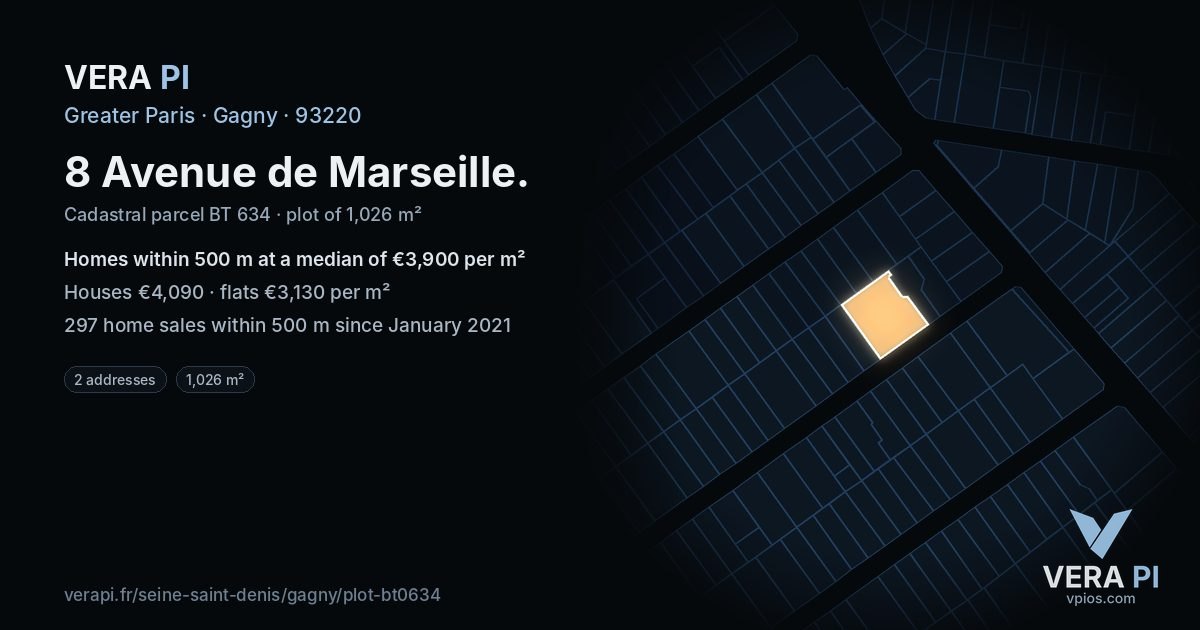 8 Avenue de Marseille, Gagny at night – the plot lit, the parcels around coloured by the prices near them