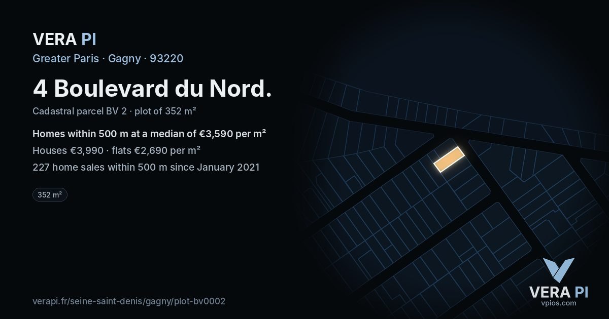 4 Boulevard du Nord, Gagny at night – the plot lit, the parcels around coloured by the prices near them