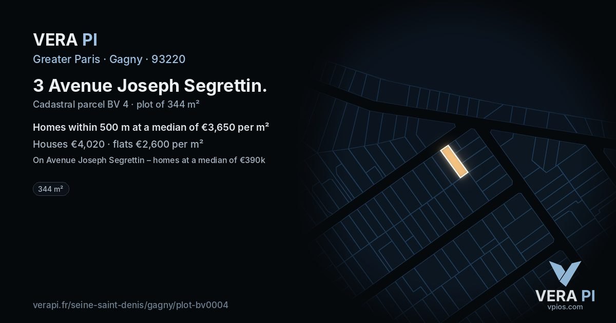 3 Avenue Joseph Segrettin, Gagny at night – the plot lit, the parcels around coloured by the prices near them