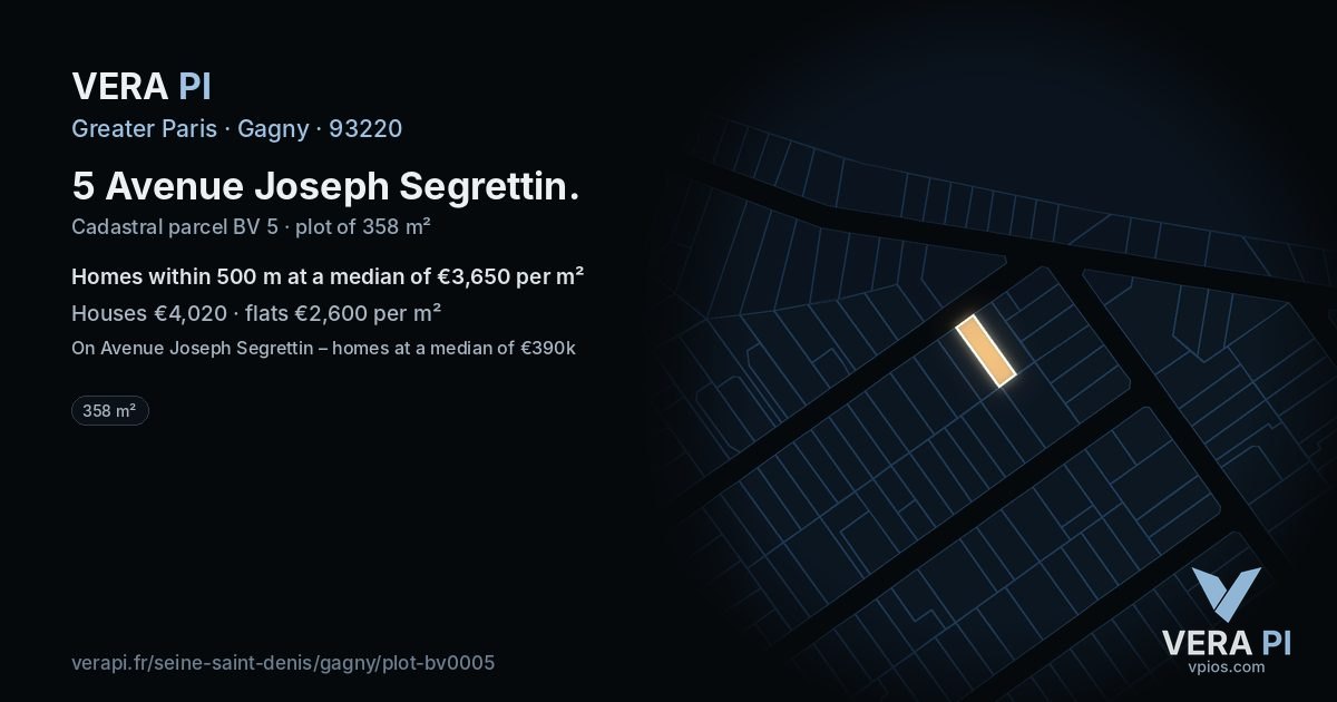 5 Avenue Joseph Segrettin, Gagny at night – the plot lit, the parcels around coloured by the prices near them