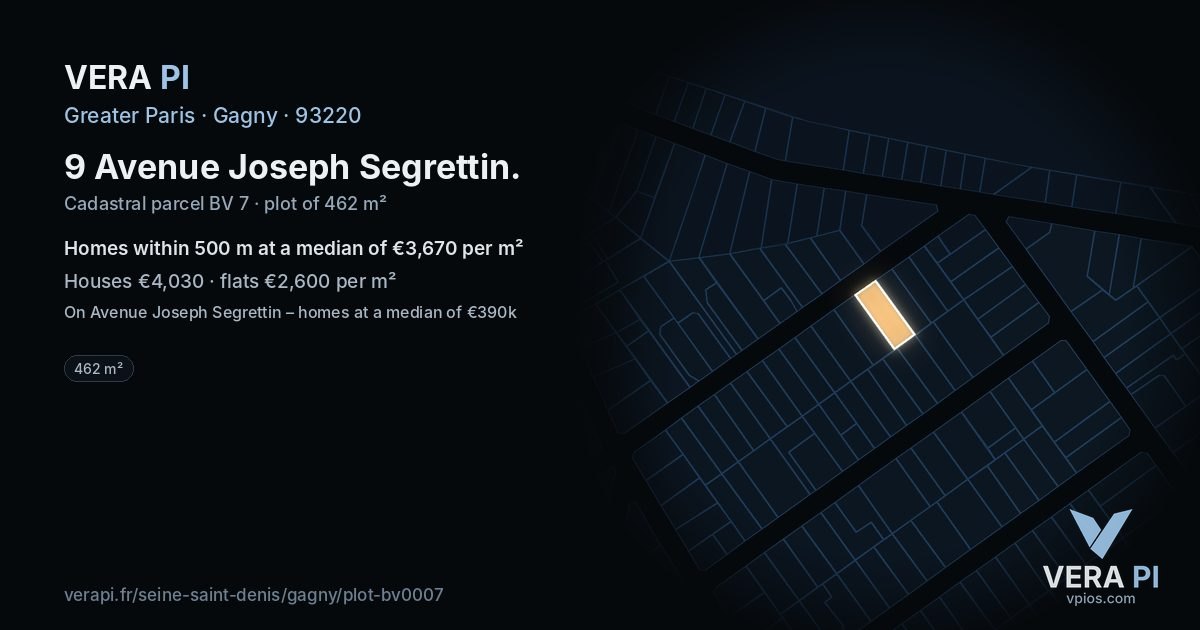 9 Avenue Joseph Segrettin, Gagny at night – the plot lit, the parcels around coloured by the prices near them