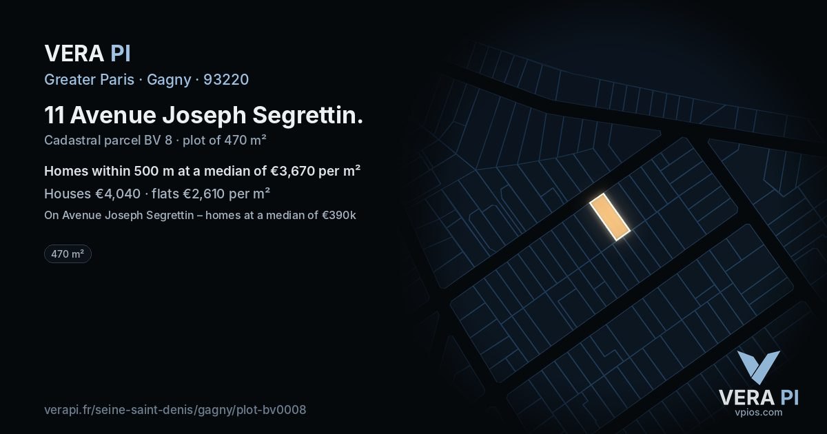 11 Avenue Joseph Segrettin, Gagny at night – the plot lit, the parcels around coloured by the prices near them
