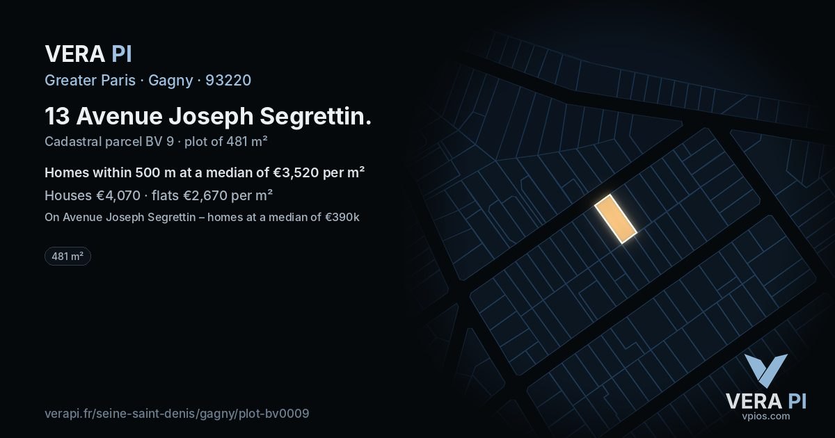 13 Avenue Joseph Segrettin, Gagny at night – the plot lit, the parcels around coloured by the prices near them