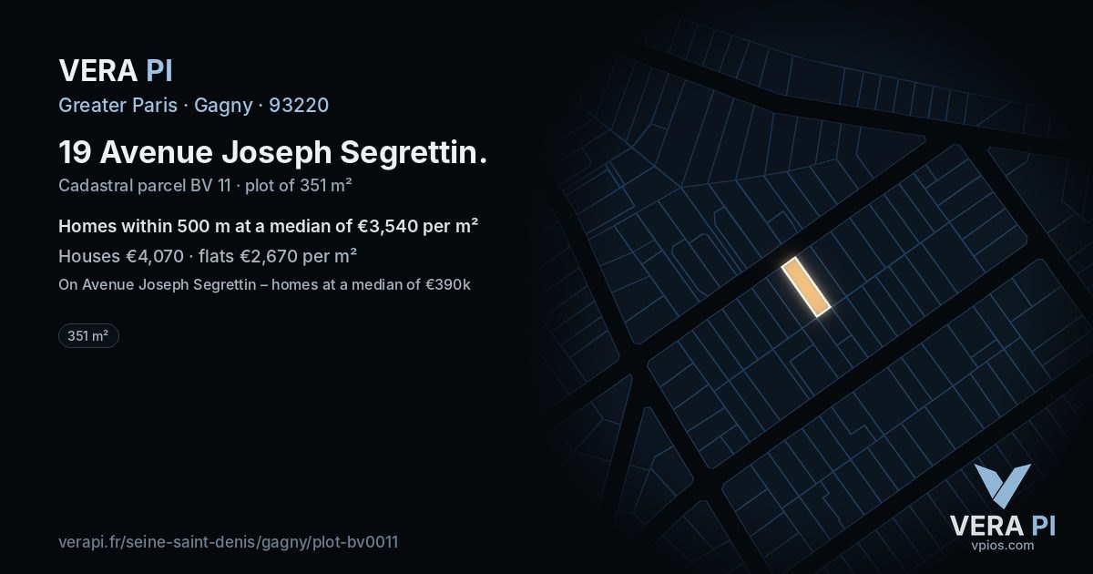 19 Avenue Joseph Segrettin, Gagny at night – the plot lit, the parcels around coloured by the prices near them