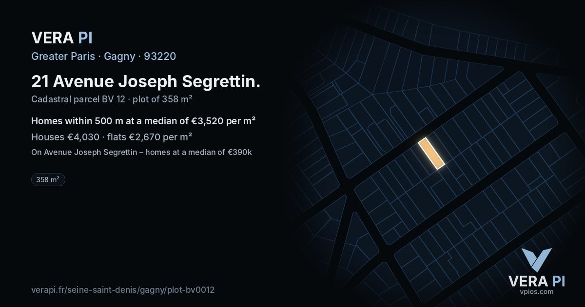 21 Avenue Joseph Segrettin, Gagny at night – the plot lit, the parcels around coloured by the prices near them