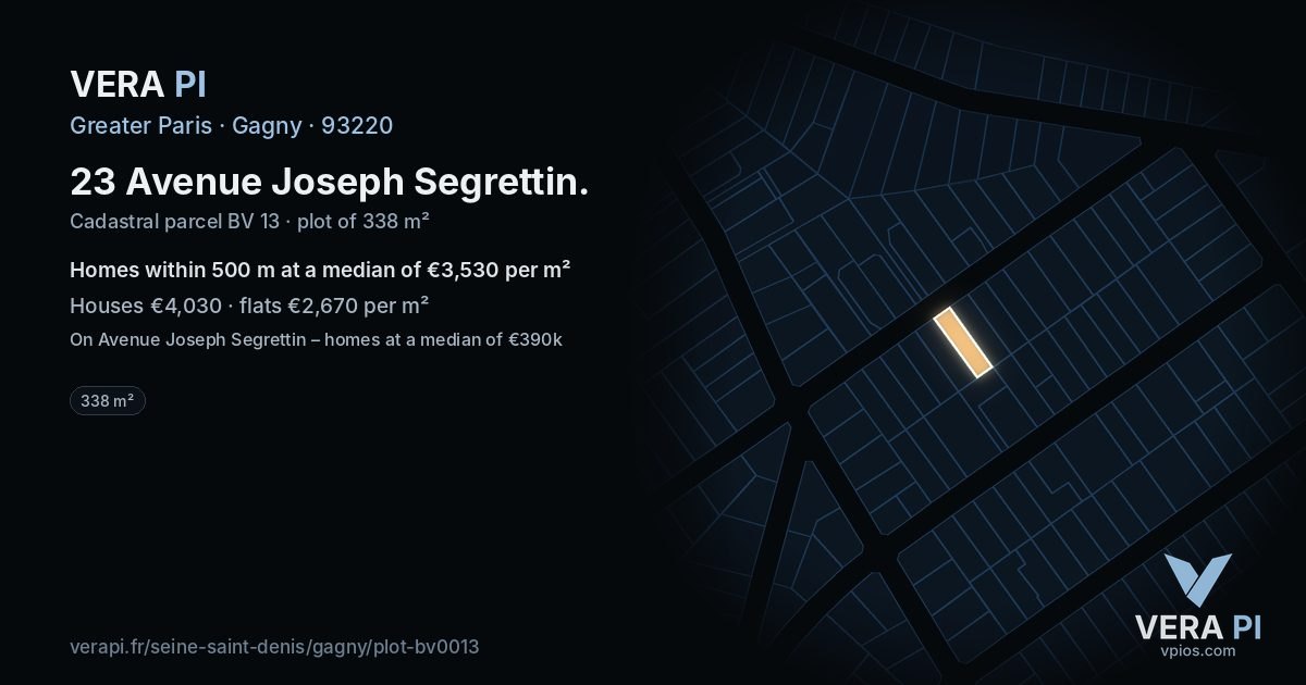 23 Avenue Joseph Segrettin, Gagny at night – the plot lit, the parcels around coloured by the prices near them
