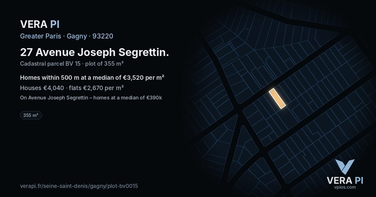 27 Avenue Joseph Segrettin, Gagny at night – the plot lit, the parcels around coloured by the prices near them
