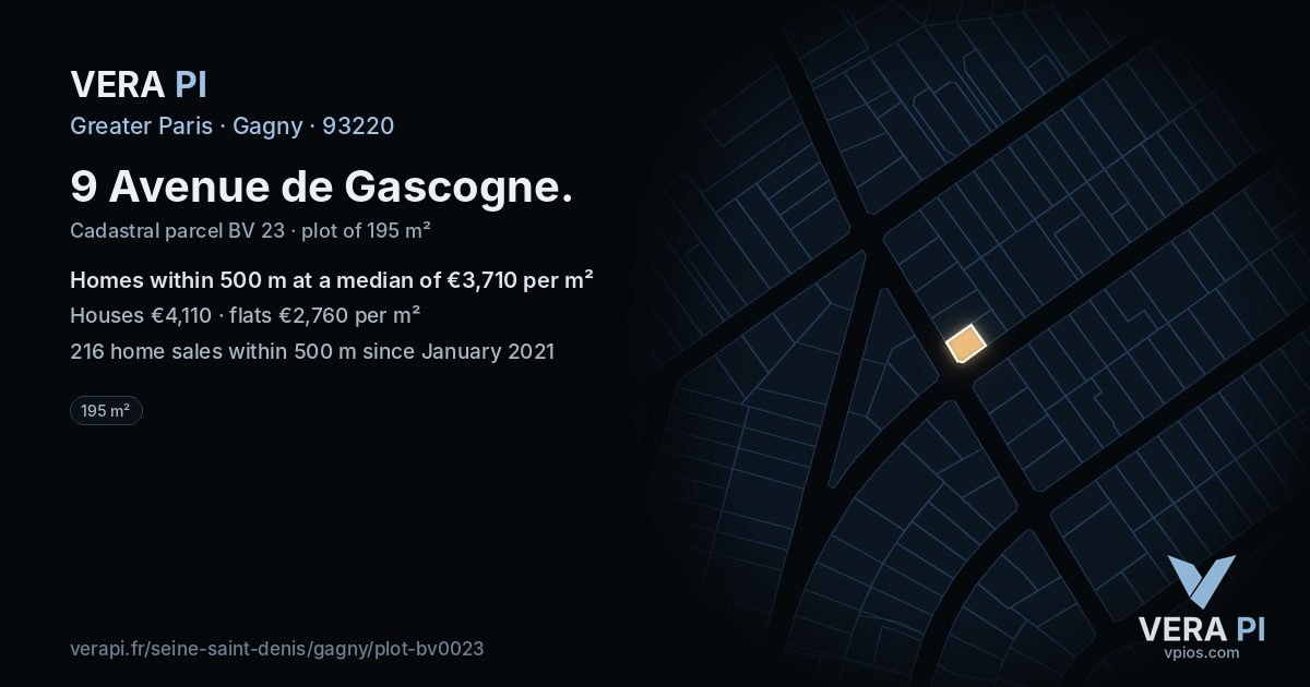 9 Avenue de Gascogne, Gagny at night – the plot lit, the parcels around coloured by the prices near them