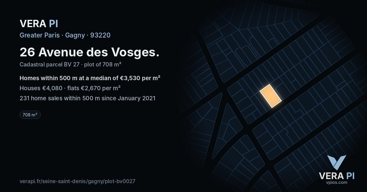 26 Avenue des Vosges, Gagny at night – the plot lit, the parcels around coloured by the prices near them