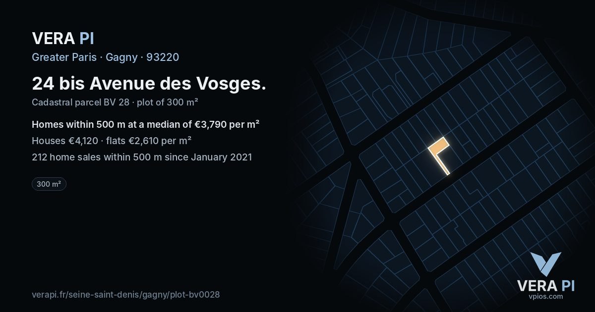 24 bis Avenue des Vosges, Gagny at night – the plot lit, the parcels around coloured by the prices near them