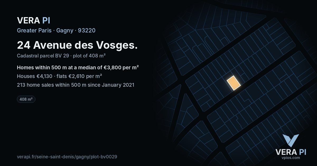 24 Avenue des Vosges, Gagny at night – the plot lit, the parcels around coloured by the prices near them